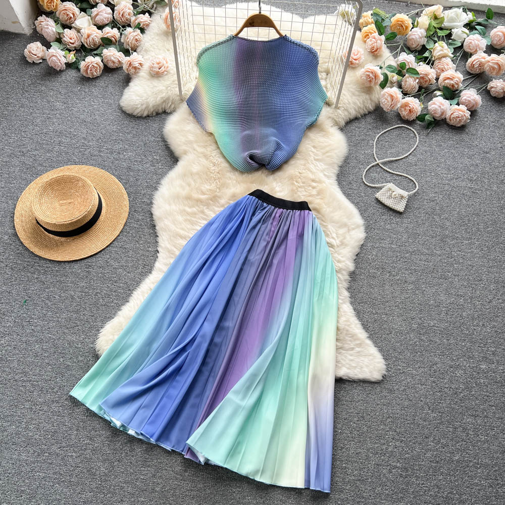 Two Piece Dress Summer Ins New Fashion Personality Print Suit Women's Round Neck Short-sleeved Tops +pleated Skirt Two-piece Sets 2024