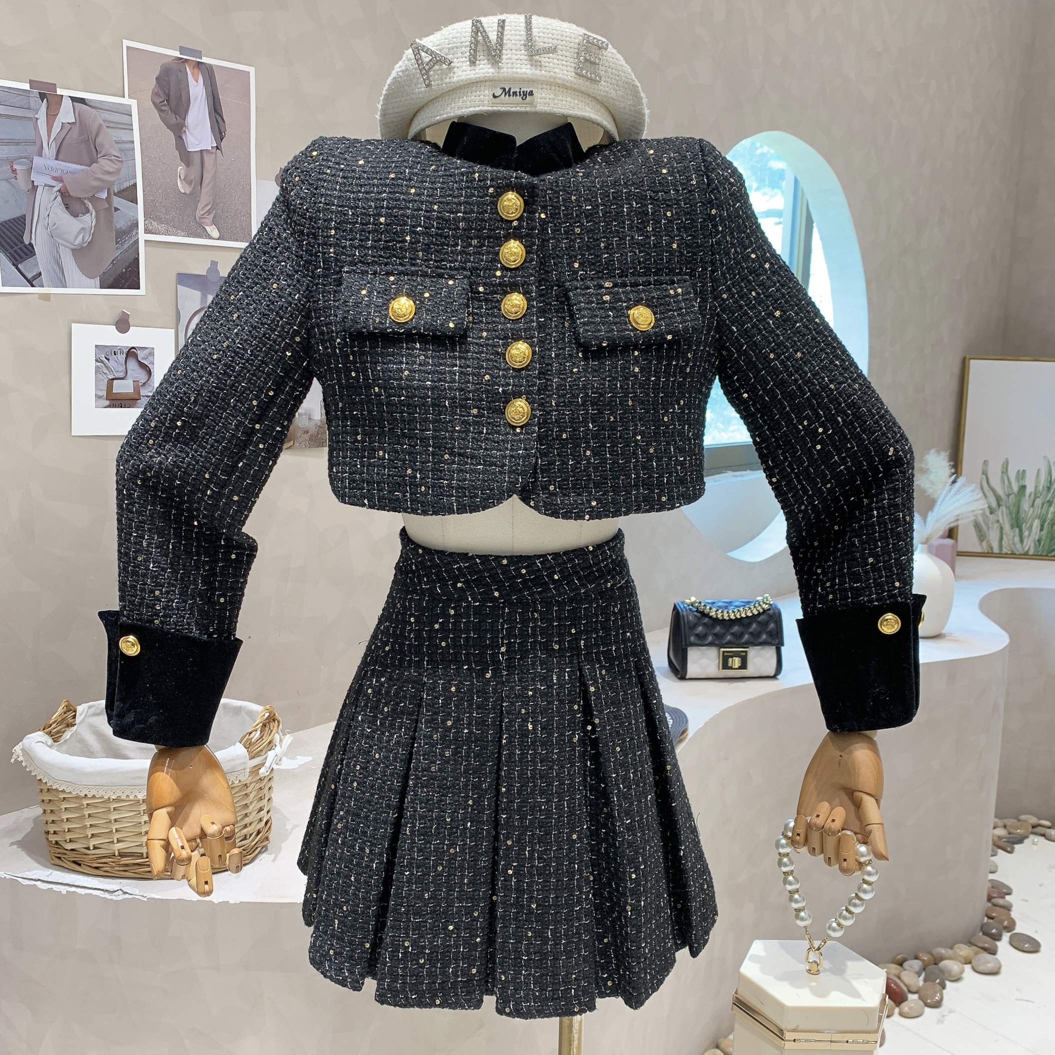 Two Piece Dress British style Patchwork Tweed Short Jacket Women's Two Piece Sets Outfits Female Y2k Retro High Waist Pleated Skirt 2 Piece Set 2