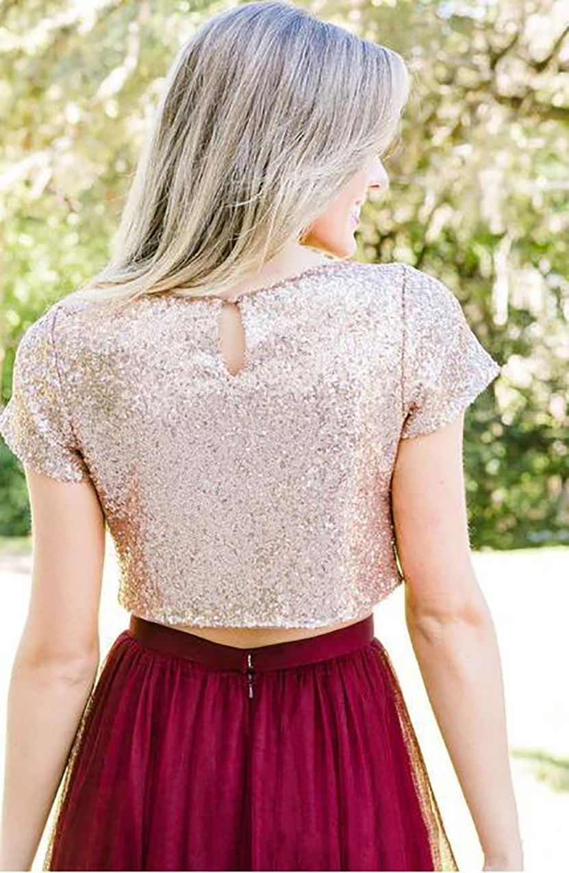 2023 Rose Gold Sequins Bridesmaid Dresses Country Mixed Order Wedding Party Guest Gown Two Pieces Junior Maid of Honor Dress Cheap Burgundy