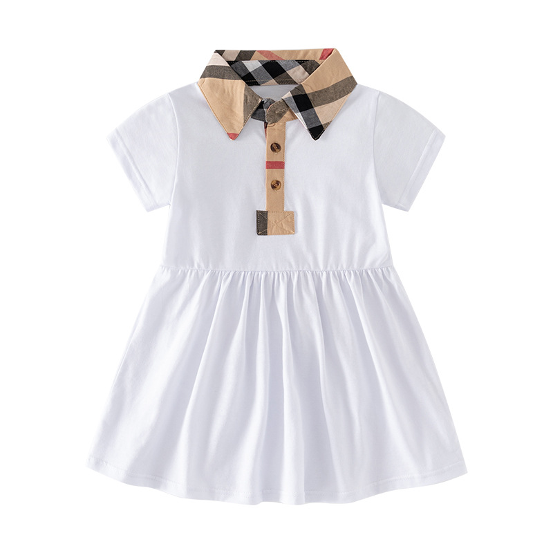 2023 New Summer Girls Princess Dresses Baby Girl Short Sleeve Dress Children Turn-Down Collar Plaid Dress 3 Colors