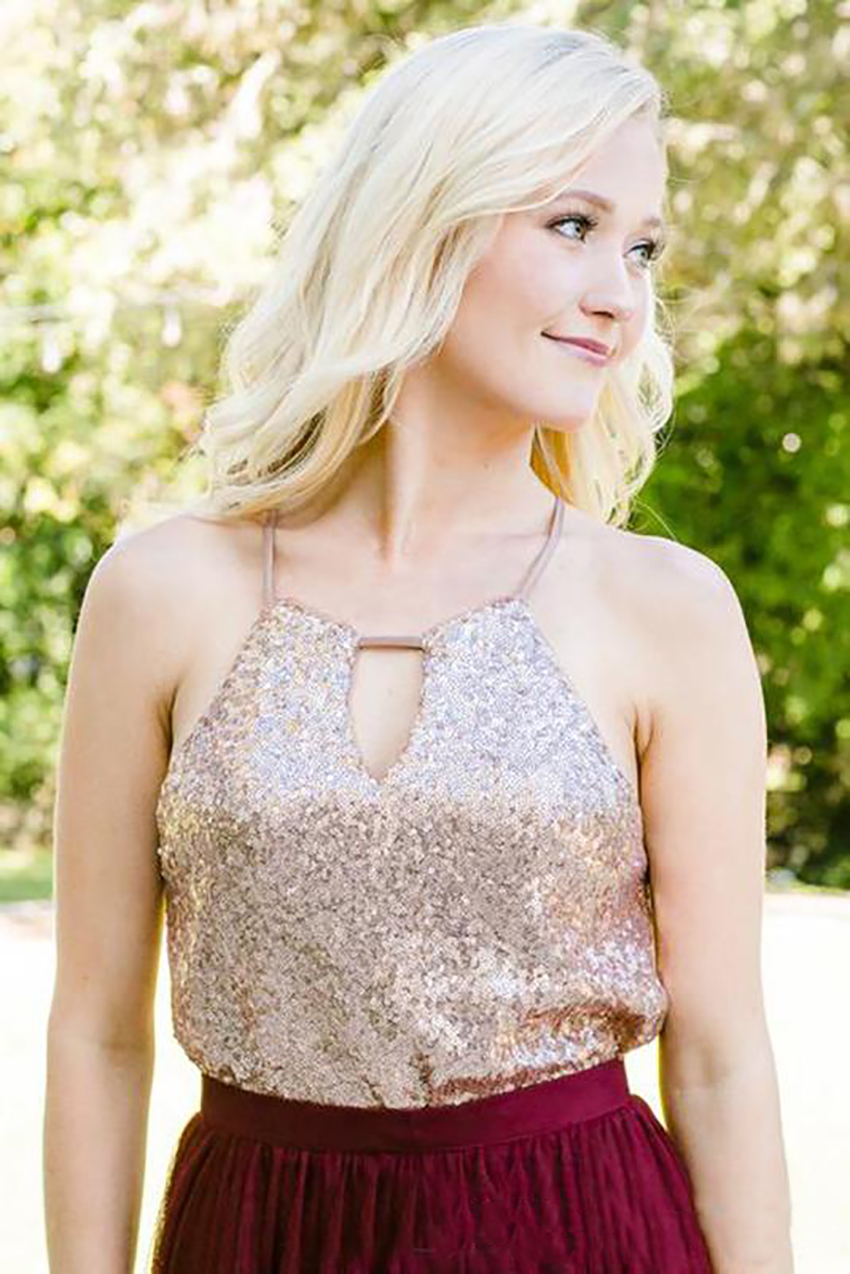 2023 Rose Gold Sequins Bridesmaid Dresses Country Mixed Order Wedding Party Guest Gown Two Pieces Junior Maid of Honor Dress Cheap Burgundy