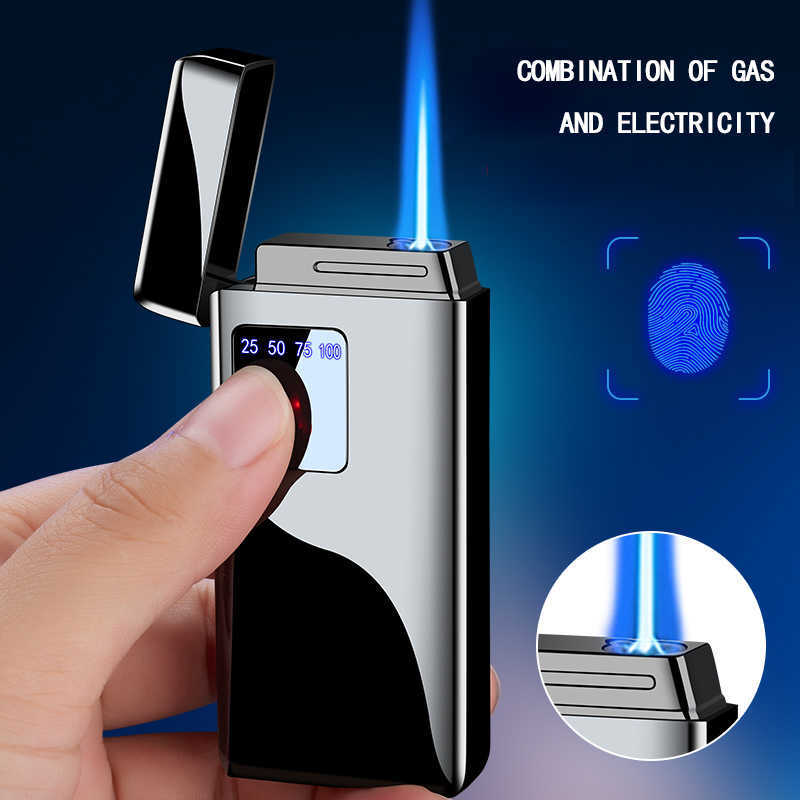 Electricity Blue Flame Ice Plating Digital Display Power Touch Sensor Windproof Jet Cigar Torch Lighter Without No Gas W260202