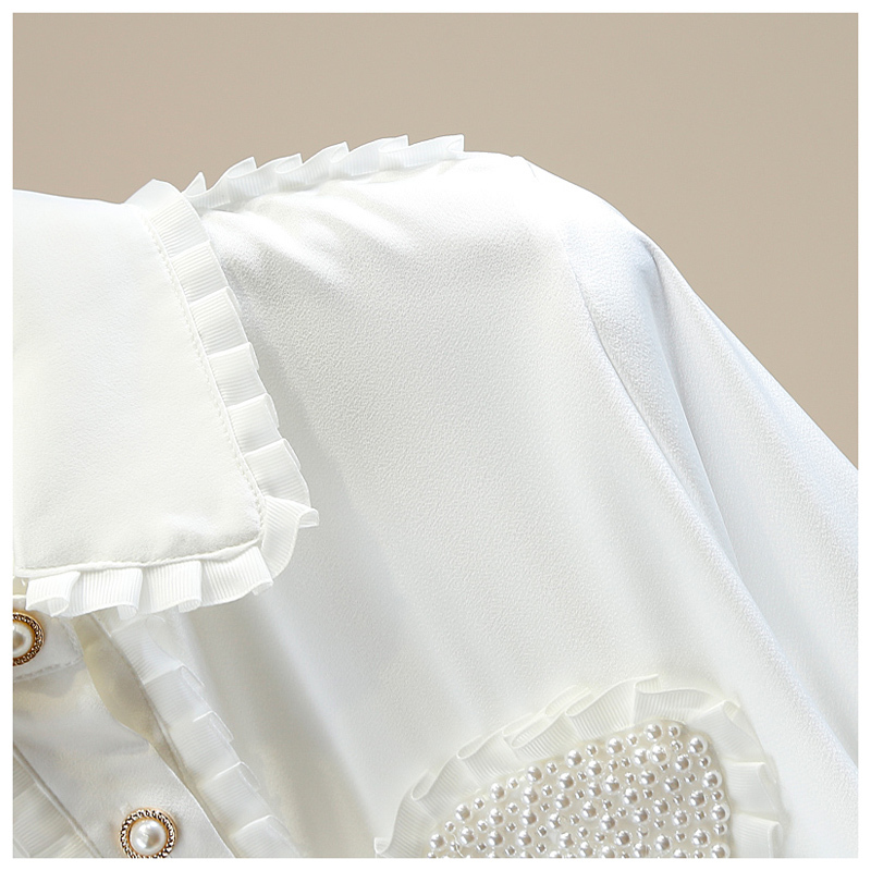 Women's Blouses Love Heart Pearls Beading Ruffles Patchwork Black White Blouse Autumn Korean Elegant Women's Shirt Long Sleeve Satin Tops 20