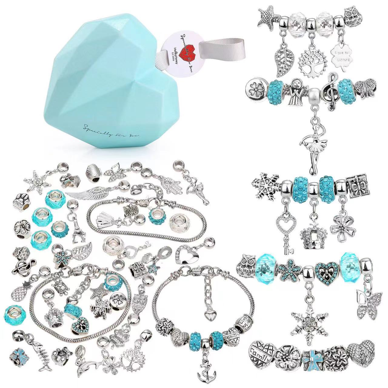 56/Set DIY Love Box Set Charm Bracelet Making Kit Beaded Silver Plated Snake Chain Gift for Girls and Children