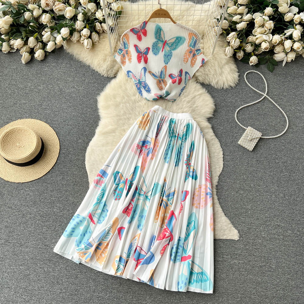 Two Piece Dress New Fashion Print Suits for Summer Women Round Neck Holiday Loose Tops +pleated Skirt Elegant Two-piece Sets 2024