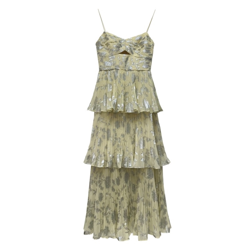 New Dresses S-elf Portrait Yellow Chiffon Pleated Cake Strap Dress