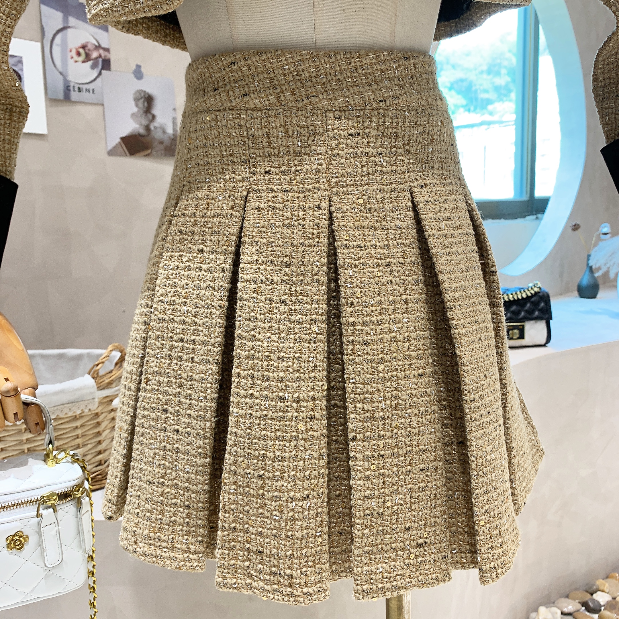 Two Piece Dress British style Patchwork Tweed Short Jacket Women's Two Piece Sets Outfits Female Y2k Retro High Waist Pleated Skirt 2 Piece Set 2
