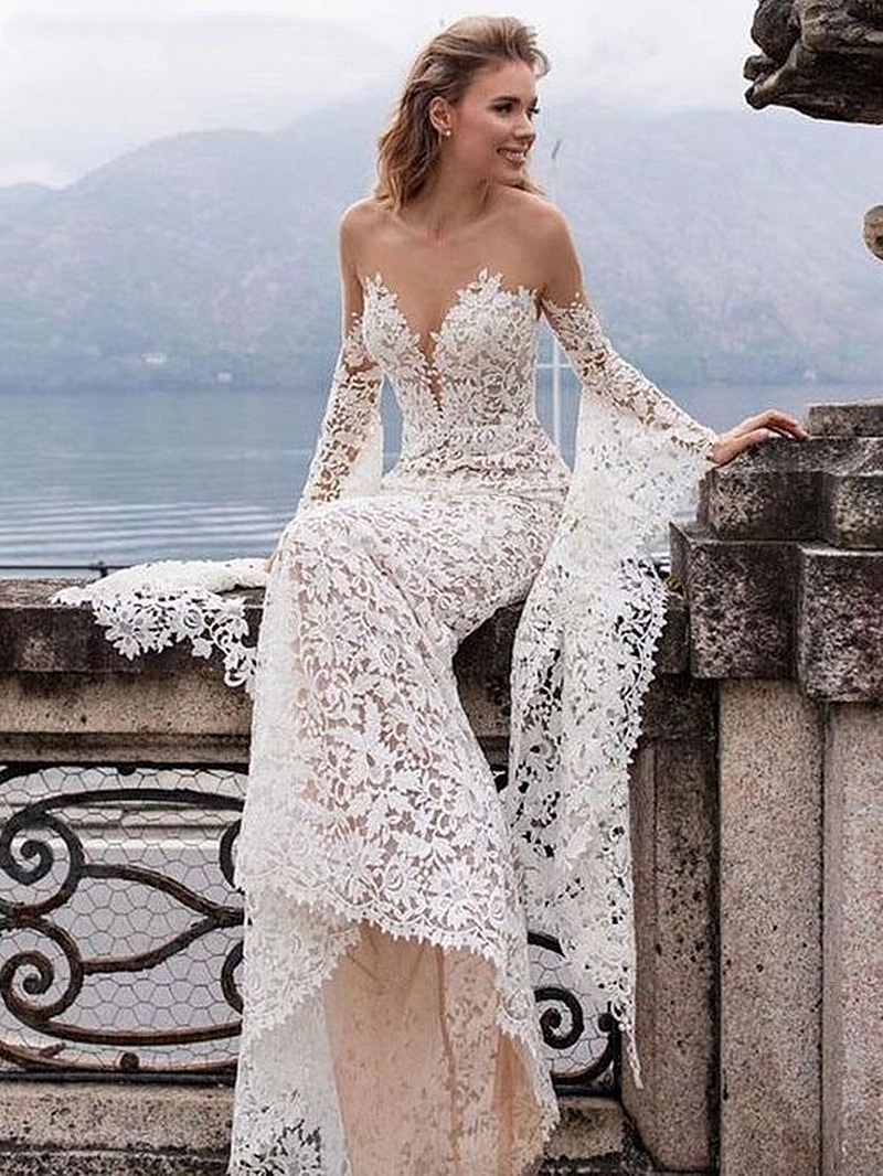 Boho Lace Mermaid Wedding Dresses With Flare Long Seeves Sheer Neck Beach Country Bridal Gowns Vintage Robe De Mariage 2023