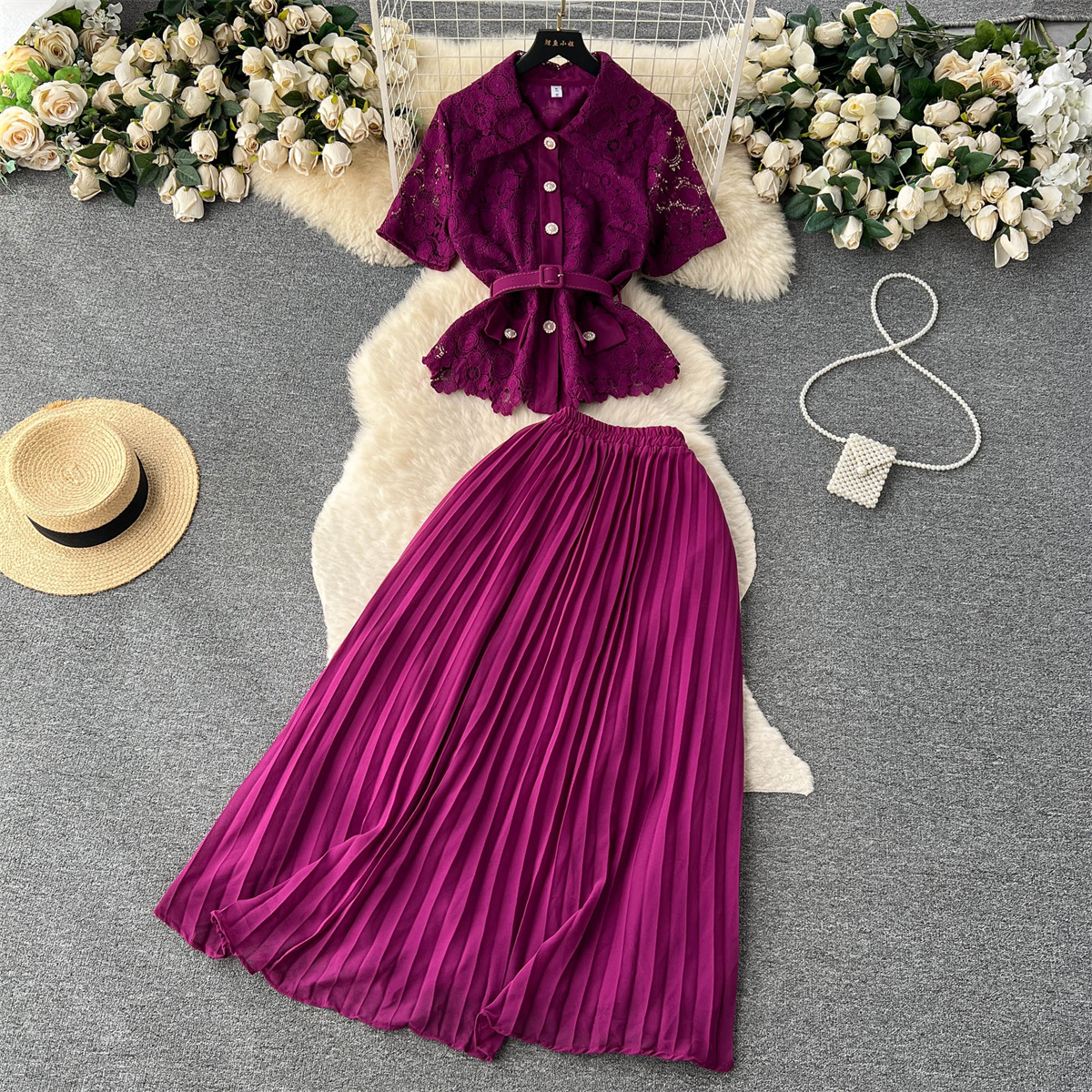 Two Piece Dress French Suits Women's New Fashion Lapel Short Sleeve Lace Tops + High-waist Pleated Skirt Solid Color Elegant Two-piece Sets 2024