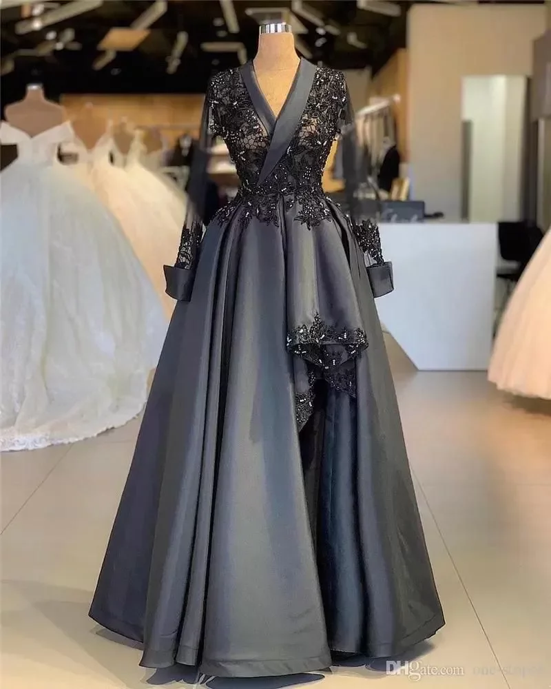 Dark Gray Lace Applique A-Line Prom Dresses Vintage Long Sleeves Satin Formal Evening Gown Arabic Plus Size Party Pageant Dress Bc2929