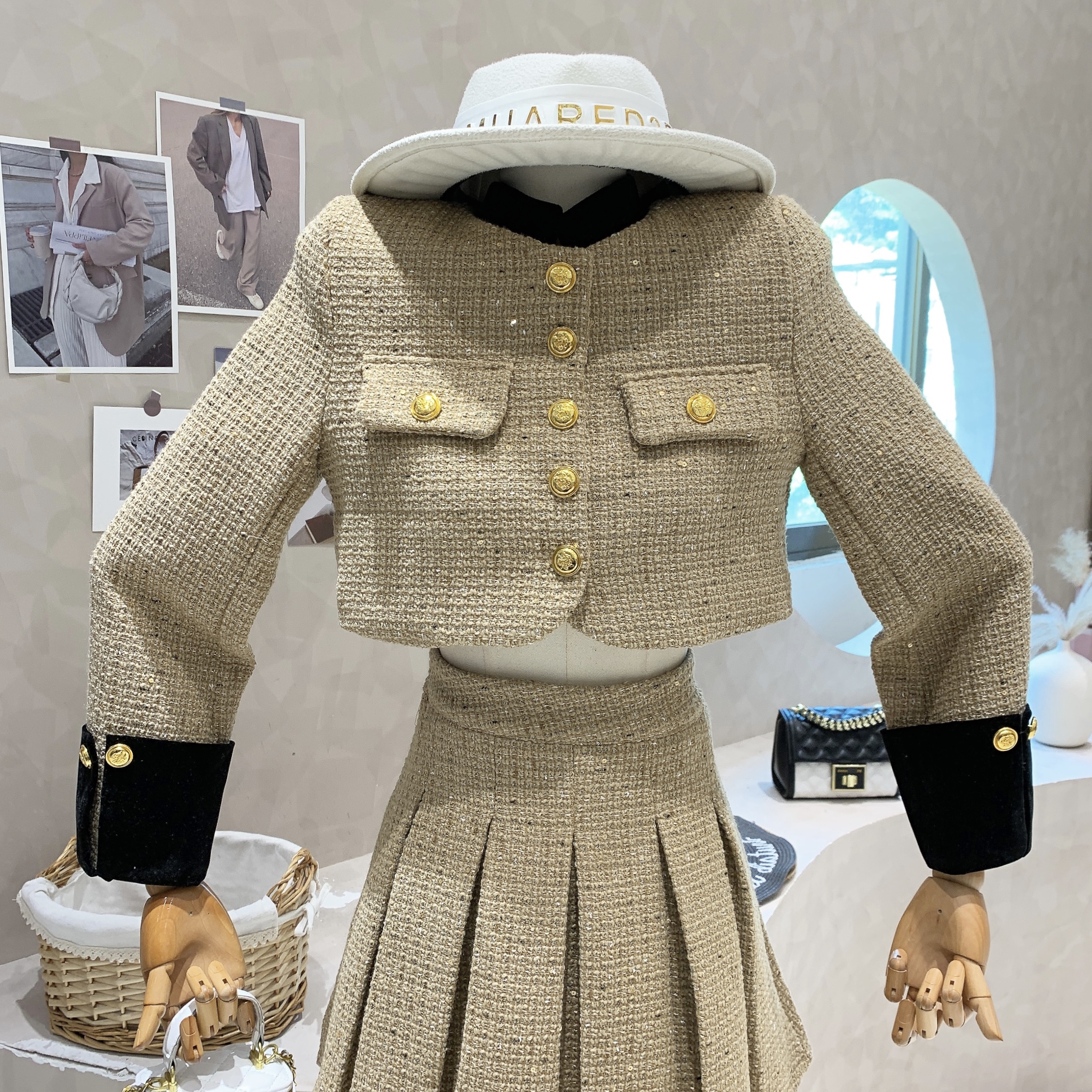 Two Piece Dress British style Patchwork Tweed Short Jacket Women's Two Piece Sets Outfits Female Y2k Retro High Waist Pleated Skirt 2 Piece Set 2