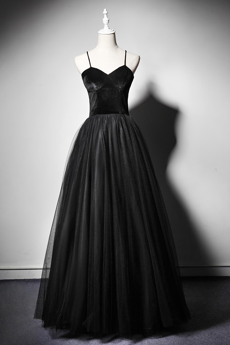 Black Prom Dress 2023 Long Evening Gowns Velvet with Tulle Party Wearing Spaghetti Lace-Up Back Floor Length