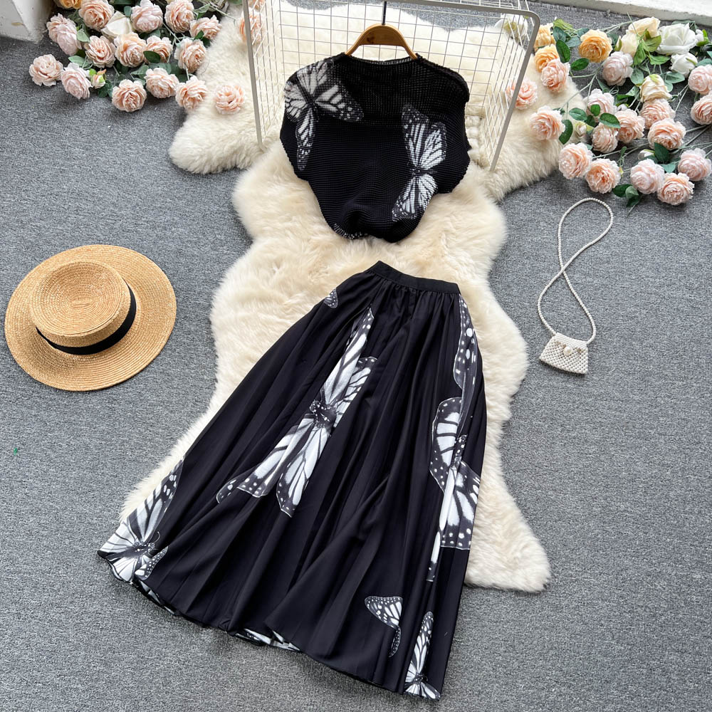 Two Piece Dress Summer Ins New Fashion Personality Print Suit Women's Round Neck Short-sleeved Tops +pleated Skirt Two-piece Sets 2024