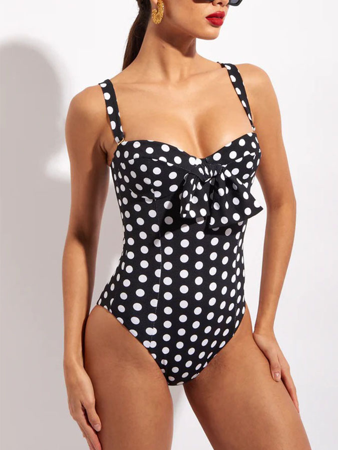 Fashionable Black Polka Dot Vintage Low Cut Bow One-piece Swimsuit And Beach Veil Romantic Seaside Holiday Elegant Woman, White
Fashionable Black Polka Dot Vintage Low Cut Bow One-piece Swimsuit And Beach Veil Romantic Seaside Holiday Elegant Woman, White