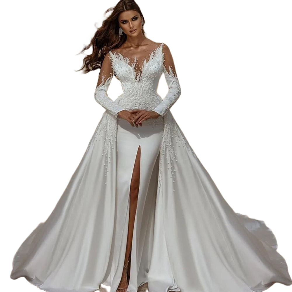Luxury Mermaid Wedding Dresses Front Slit Pearls Beaded Satin Long Sleeves Bridal Gowns With Detachable Train Sheer Neck Modern Arabic Dubai Vestido D