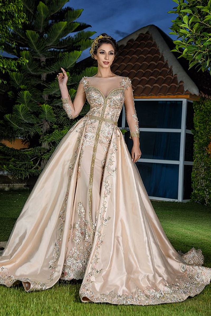 Elegant Moroccan Kaftan Champagne Evening Dresses With Detachable Train Lace Appliques Beaded Long Sleeves Formal Event Gowns For Women