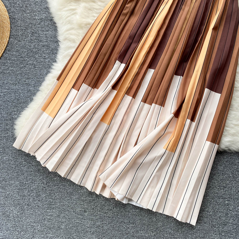 Two Piece Dress Sexy Sweater Contrast color Vertical Stripes Pleated Skirt Suits Women's Autumn Sleeveless Knitted Top Two Piece Long Skirt Sets 