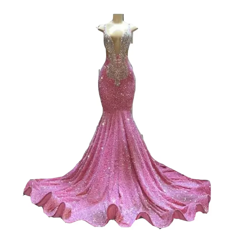 Long Prom Dresses Sexy Mermaid Sparkly Pink Sequin Black Girls Crystals Beads Illusion Evening Formal Gala Party Gowns Sequined Lace Deep V Neck Dress