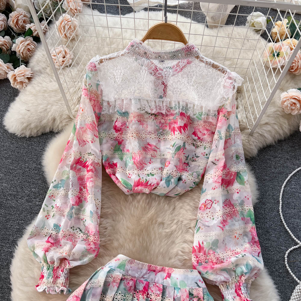 Two Piece Dress Summer Spring Dress New Women's Fashion Print Embroidered Panel Lace Set Women's Long Sleeve Shirt + Pleated Short Skirt Two