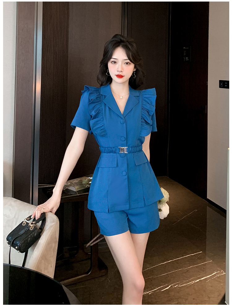 Two Piece Dress Women's Ruffles 2 Piece Set Elegant Lady Elegant Pants Suits Summer Casual Belt Blazer Blouse Elastic Waist Shorts Outfits Femal 