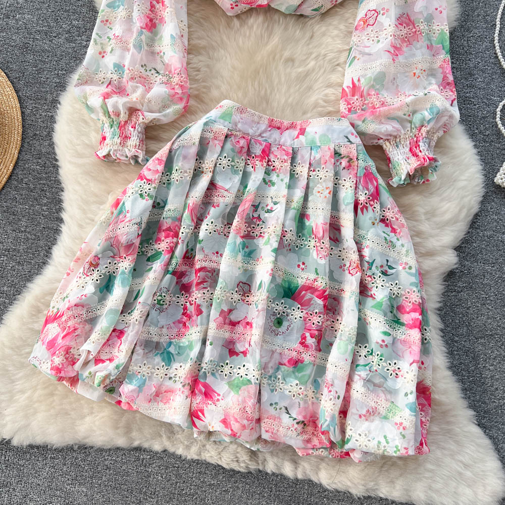 Two Piece Dress Summer Spring Dress New Women's Fashion Print Embroidered Panel Lace Set Women's Long Sleeve Shirt + Pleated Short Skirt Two