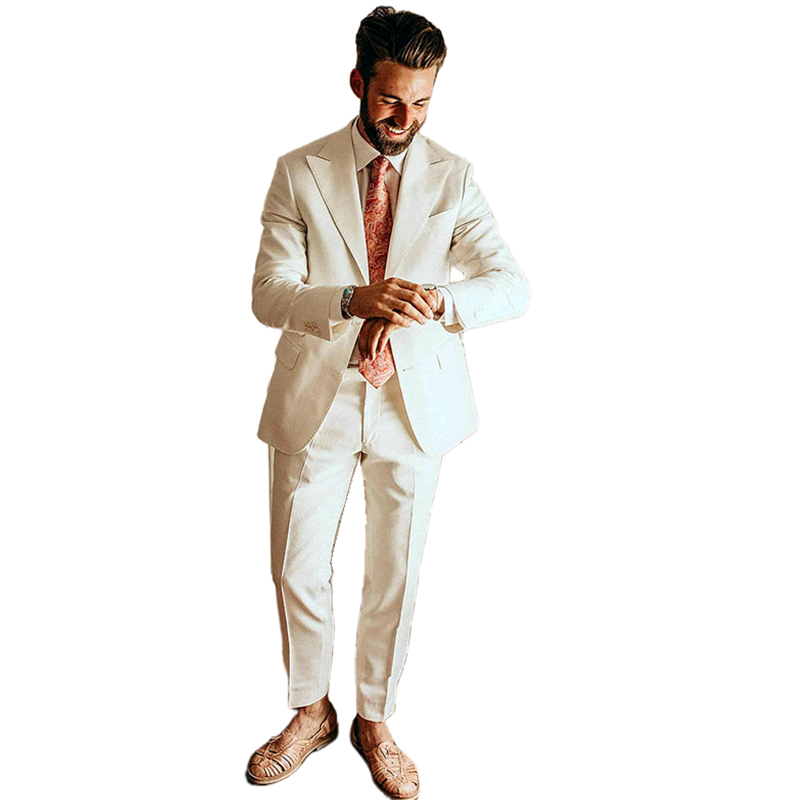Boho Men Suits Wedding Tuxedos Ivory Two Pieces 2 Buttons Groom Wear Chic Trim Fit Prom Blazer Special Occasion Wear