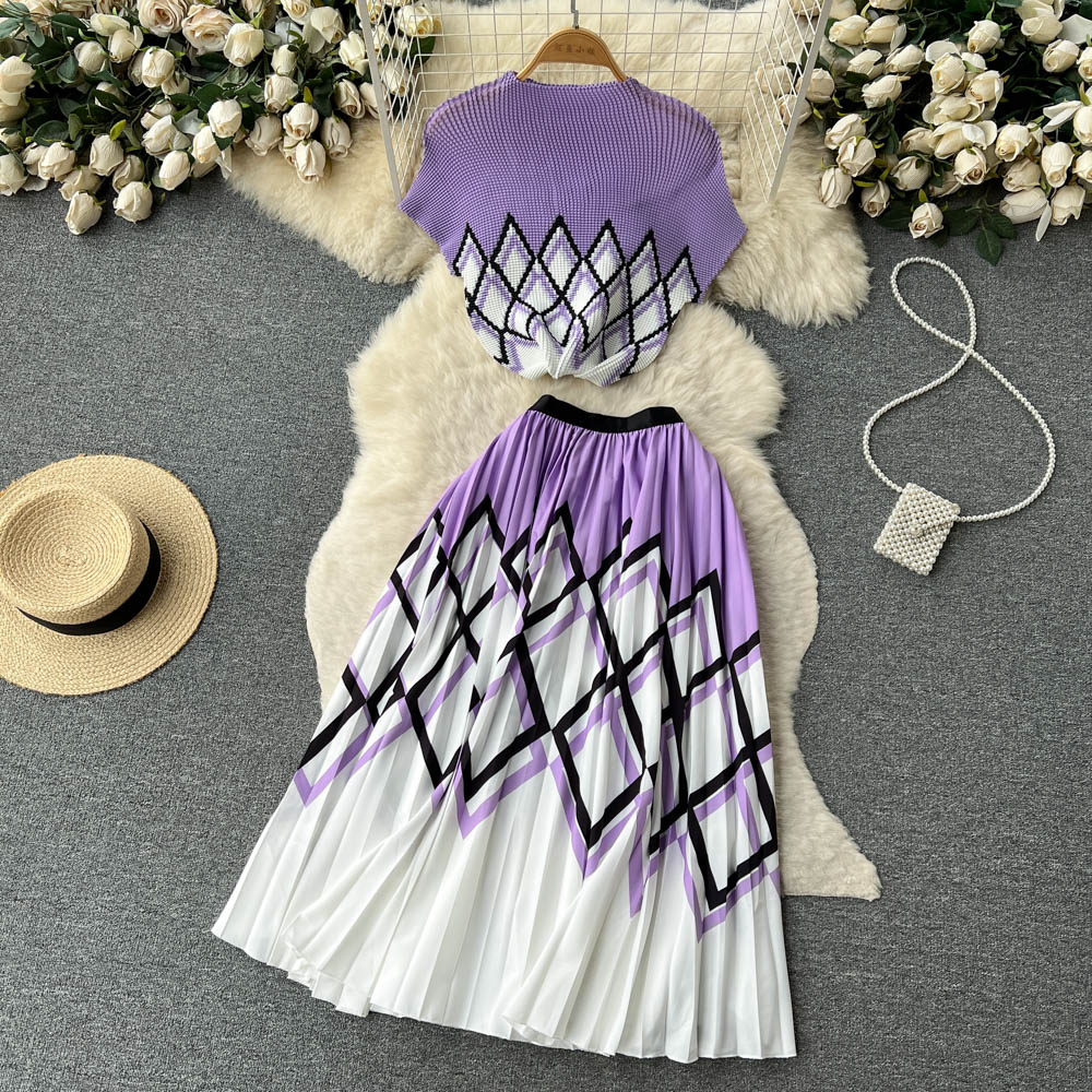 Two Piece Dress New Fashion Print Suits for Summer Women Round Neck Holiday Loose Tops +pleated Skirt Elegant Two-piece Sets 2024