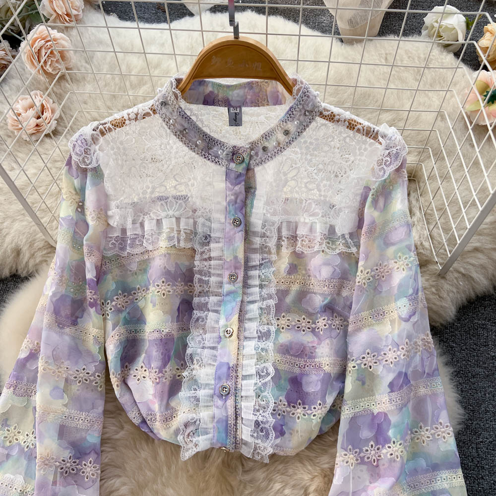 Two Piece Dress Summer Spring Dress New Women's Fashion Print Embroidered Panel Lace Set Women's Long Sleeve Shirt + Pleated Short Skirt Two