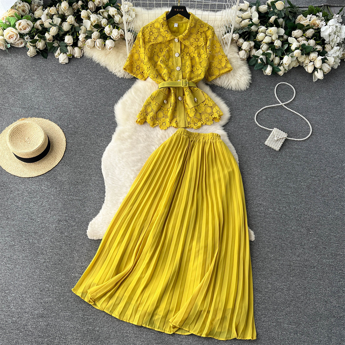 Two Piece Dress French Suits Women's New Fashion Lapel Short Sleeve Lace Tops + High-waist Pleated Skirt Solid Color Elegant Two-piece Sets 2024