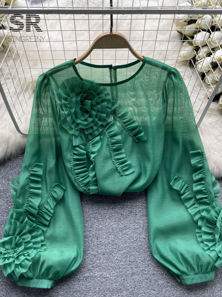 Women's Blouses Shirts SINGREINY Ruffled Patchwork Chiffon Shirt Women Lantern Sleeve O Neck Solid Fashion Loose Ladies Y2K Elegant Sunscreen Blo