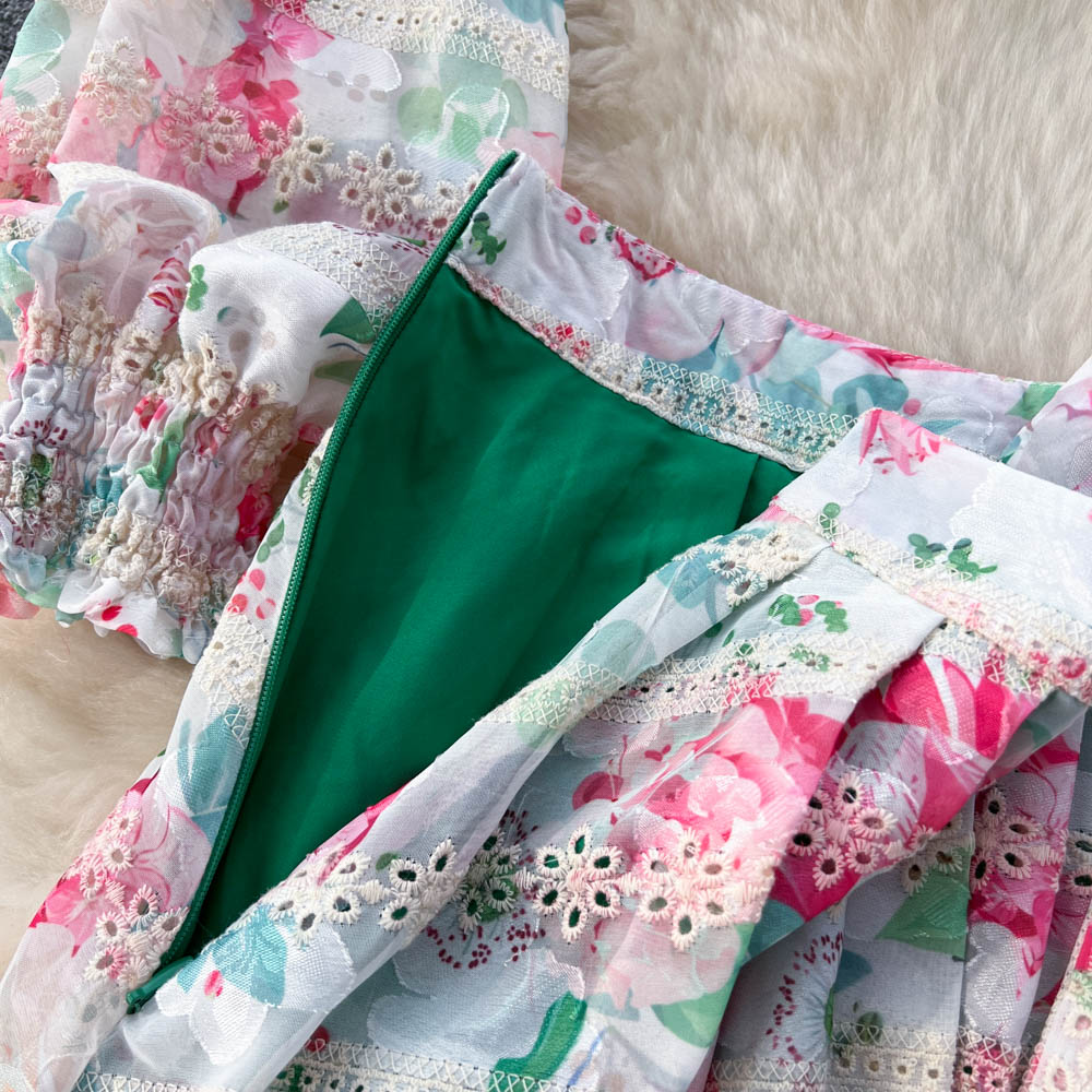 Two Piece Dress Summer Spring Dress New Women's Fashion Print Embroidered Panel Lace Set Women's Long Sleeve Shirt + Pleated Short Skirt Two