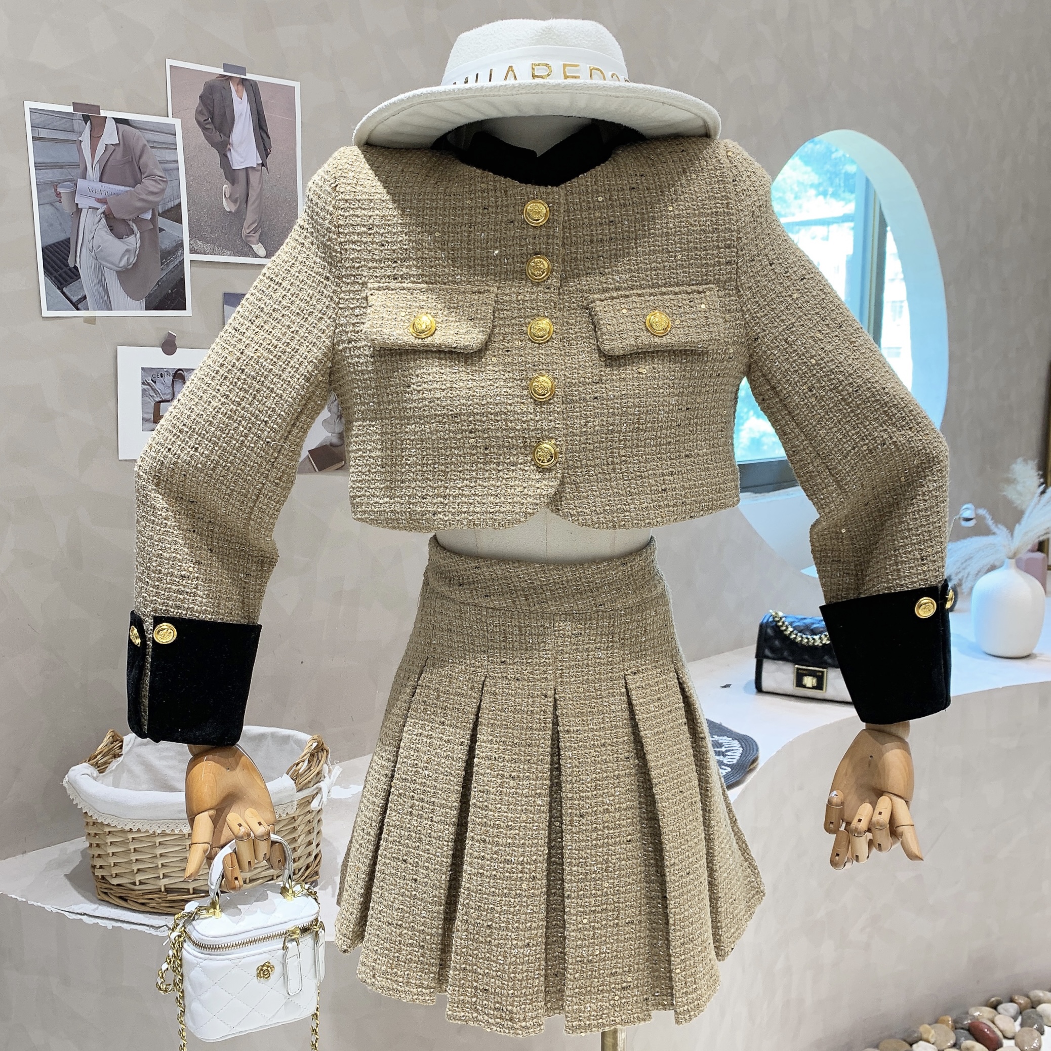 Two Piece Dress British style Patchwork Tweed Short Jacket Women's Two Piece Sets Outfits Female Y2k Retro High Waist Pleated Skirt 2 Piece Set 2