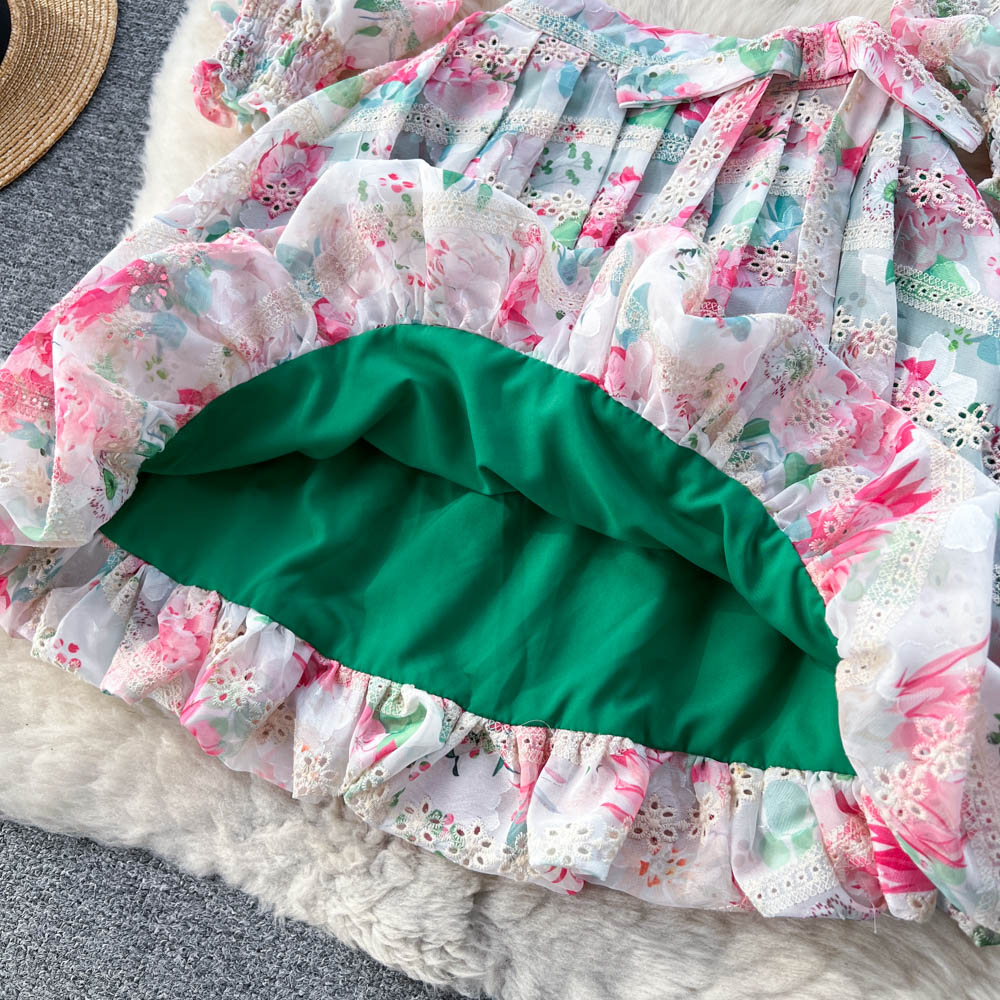 Two Piece Dress Summer Spring Dress New Women's Fashion Print Embroidered Panel Lace Set Women's Long Sleeve Shirt + Pleated Short Skirt Two