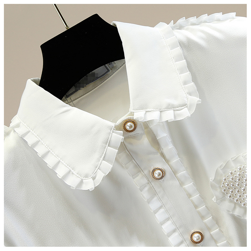 Women's Blouses Love Heart Pearls Beading Ruffles Patchwork Black White Blouse Autumn Korean Elegant Women's Shirt Long Sleeve Satin Tops 20