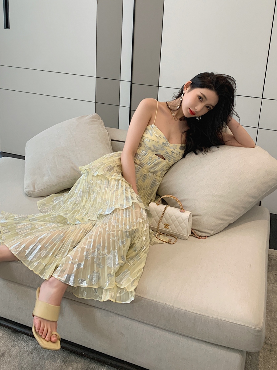 New Dresses S-elf Portrait Yellow Chiffon Pleated Cake Strap Dress