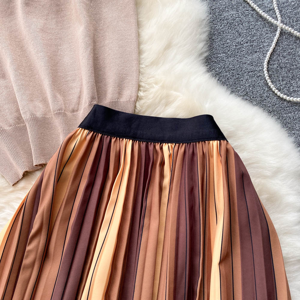 Two Piece Dress Sexy Sweater Contrast color Vertical Stripes Pleated Skirt Suits Women's Autumn Sleeveless Knitted Top Two Piece Long Skirt Sets 