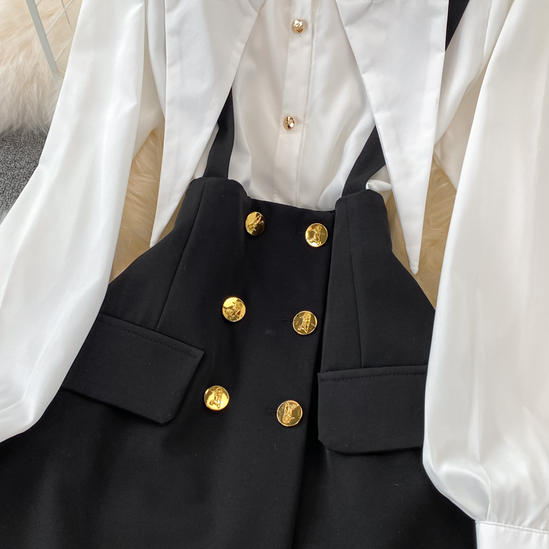 Two Piece Dress England Style Overall Dress Two Piece Set Women Spring New Pointed Lapel White Shirt + Double-breasted Suspender Skirt Suits 2023