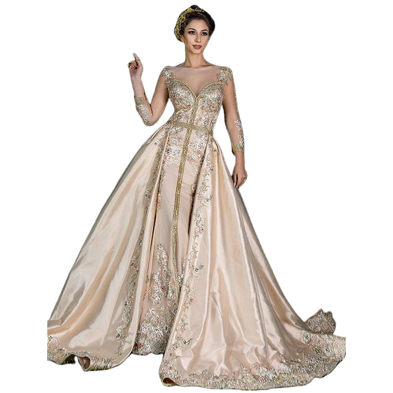 Elegant Moroccan Kaftan Champagne Evening Dresses With Detachable Train Lace Appliques Beaded Long Sleeves Formal Event Gowns For Women
