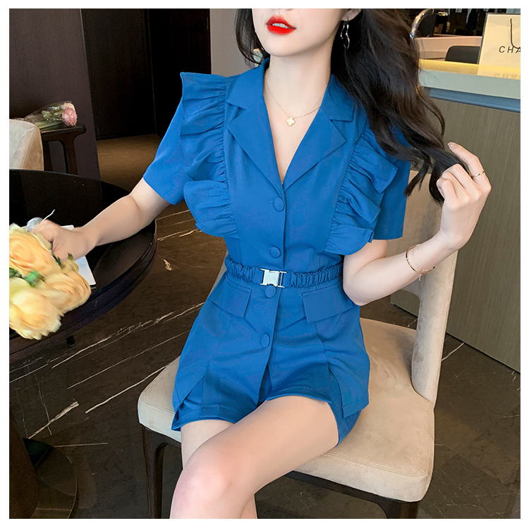 Two Piece Dress Women's Ruffles 2 Piece Set Elegant Lady Elegant Pants Suits Summer Casual Belt Blazer Blouse Elastic Waist Shorts Outfits Femal 
