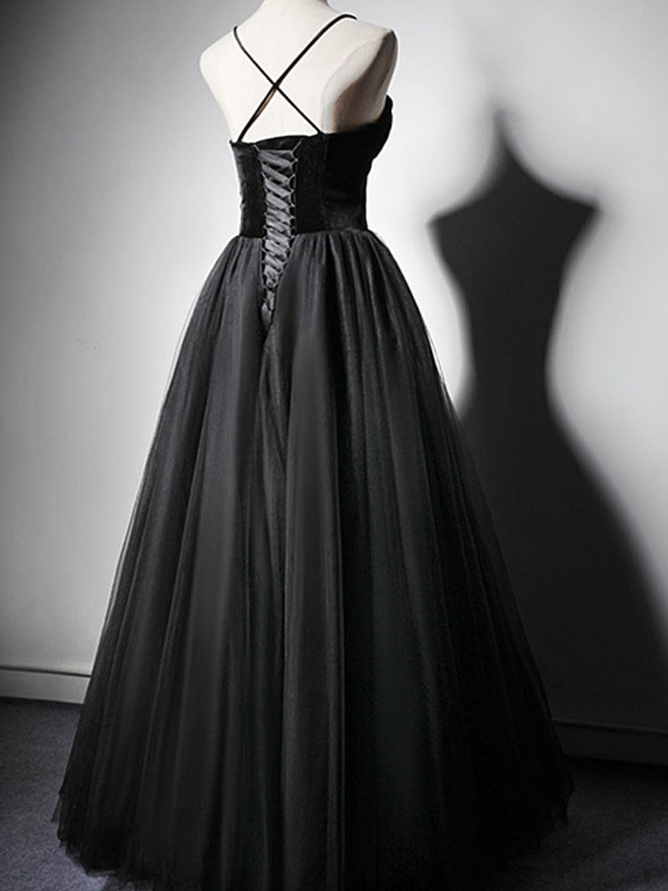 Black Prom Dress 2023 Long Evening Gowns Velvet with Tulle Party Wearing Spaghetti Lace-Up Back Floor Length