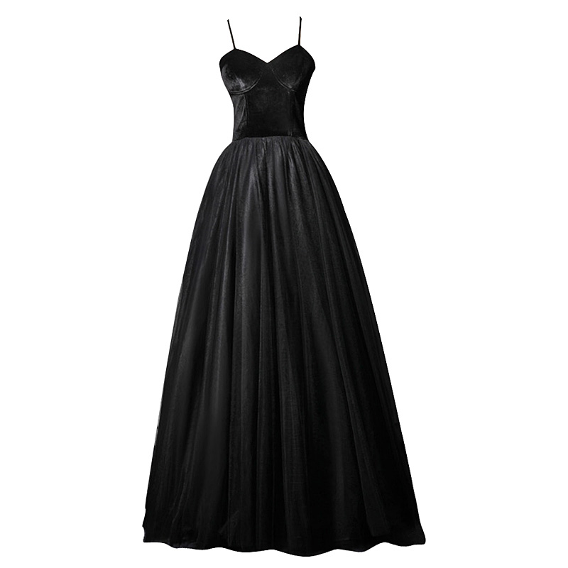 Black Prom Dress 2023 Long Evening Gowns Velvet with Tulle Party Wearing Spaghetti Lace-Up Back Floor Length