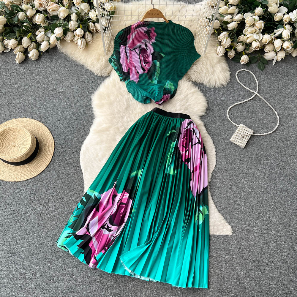 Two Piece Dress New Fashion Print Suits for Summer Women Round Neck Holiday Loose Tops +pleated Skirt Elegant Two-piece Sets 2024