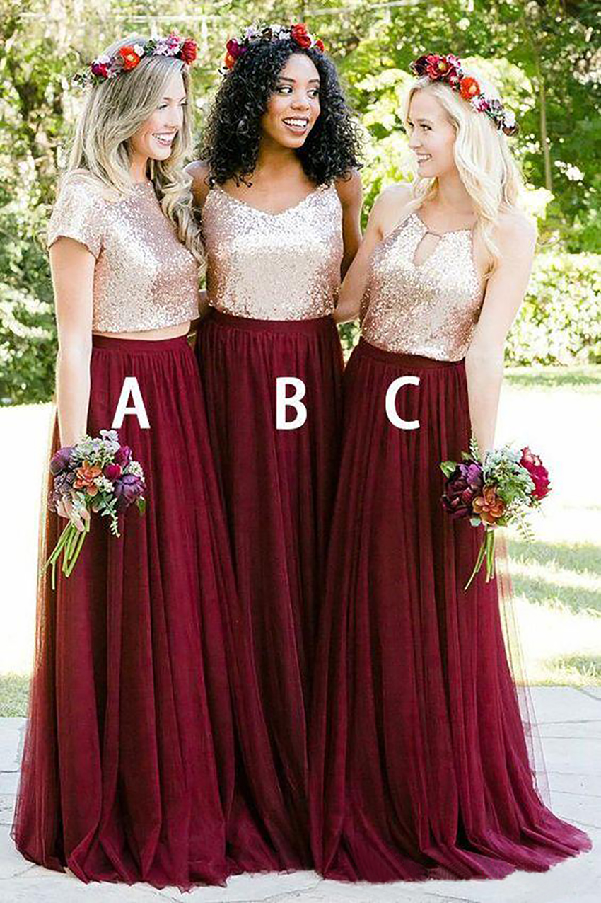 2023 Rose Gold Sequins Bridesmaid Dresses Country Mixed Order Wedding Party Guest Gown Two Pieces Junior Maid of Honor Dress Cheap Burgundy