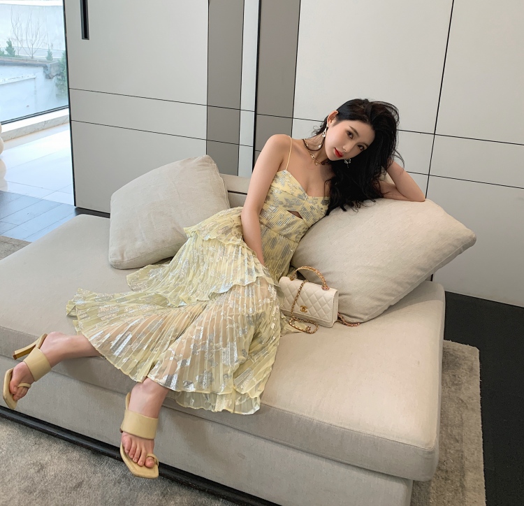 New Dresses S-elf Portrait Yellow Chiffon Pleated Cake Strap Dress