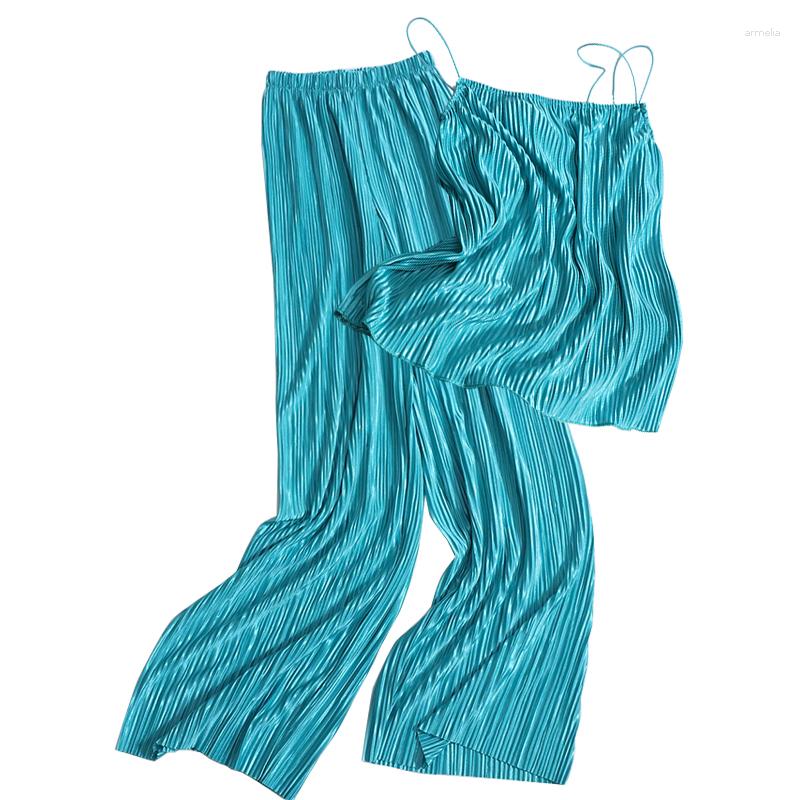 Women's Two Piece Pants Pure Color Pleated 2-Piece Suit Fashion Short Camisole High Waist Wide Leg Trousers Simple Temperament, Black 
Women's Two Piece Pants Pure Color Pleated 2-Piece Suit Fashion Short Camisole High Waist Wide Leg Trousers Simple Temperament, Black