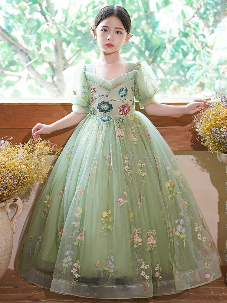 

Girl Dresses Summer Embroidery Floral Lace Tulle Pastoral Prom Dress Puff Sleeves Sweet Girls Backless Evening Kids Ball Gown Ankle Length, Army green