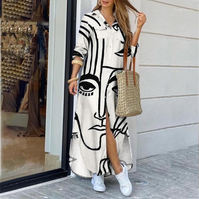 Casual Dresses Fashion Long Sleeve Printed Shirt Skirt Dress