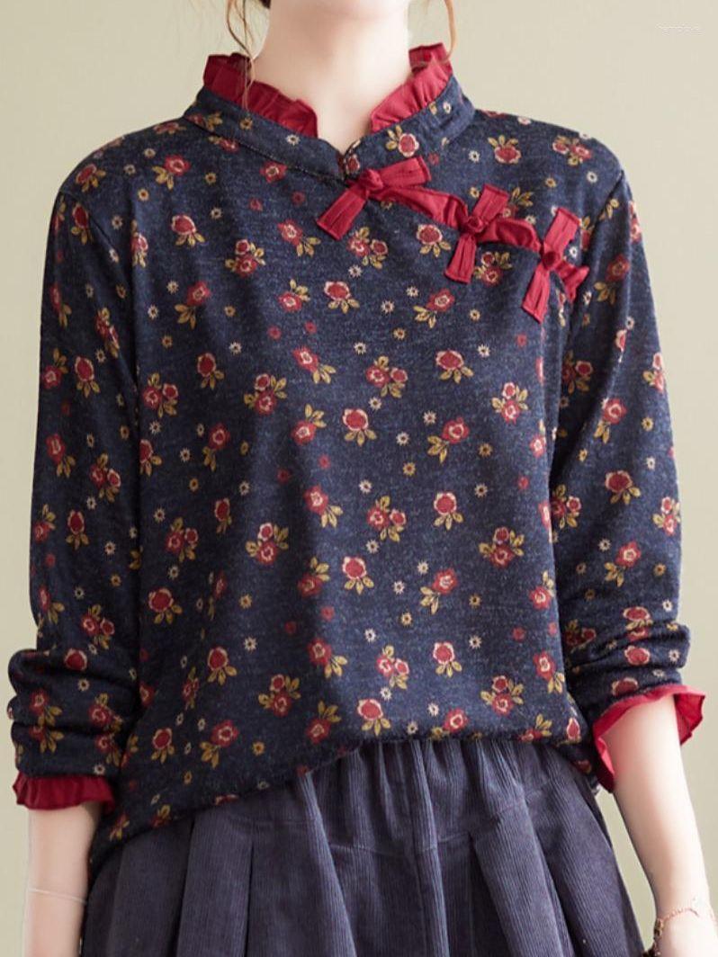 Women's Blouses Women's Autumn And Winter Chinese Style Contrast Color Edge Buttoned Shirt Elastic Floral Bottoming Top, Navy blue
Women's Blouses Women's Autumn And Winter Chinese Style Contrast Color Edge Buttoned Shirt Elastic Floral Bottoming Top, Navy blue