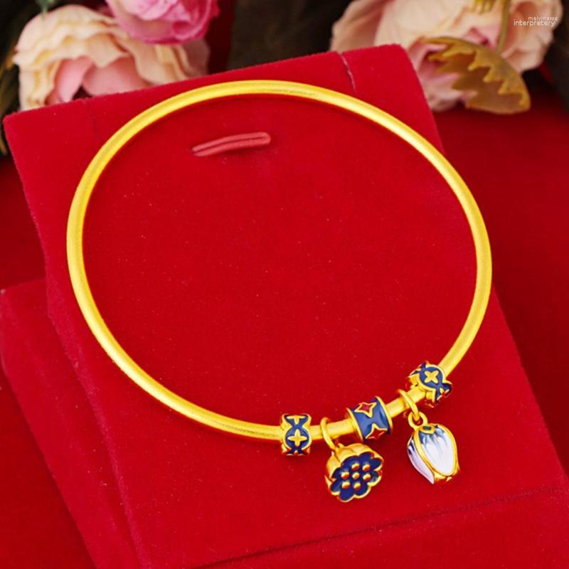 Bangle Lotus Flower Women Bracelet Wedding Party Jewelry Yellow Gold Filled Bridal Female Gift