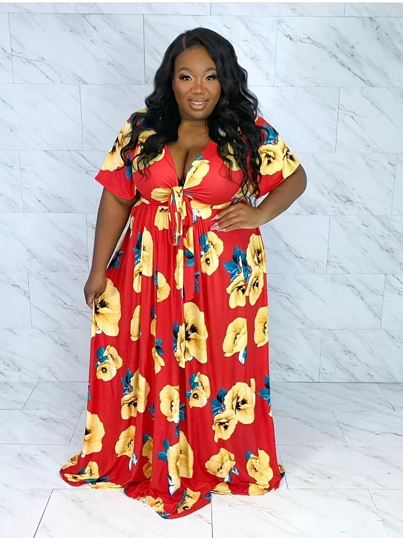 Plus Size Dresses Floral Print Deep V Neck Knot Front Maxi Dress Women's Medium Stretch Elegant Long, Red
Plus Size Dresses Floral Print Deep V Neck Knot Front Maxi Dress Women's Medium Stretch Elegant Long, Red